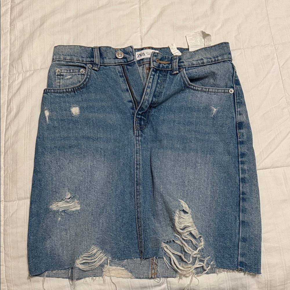 Zara Blue Ripped Denim Skirt